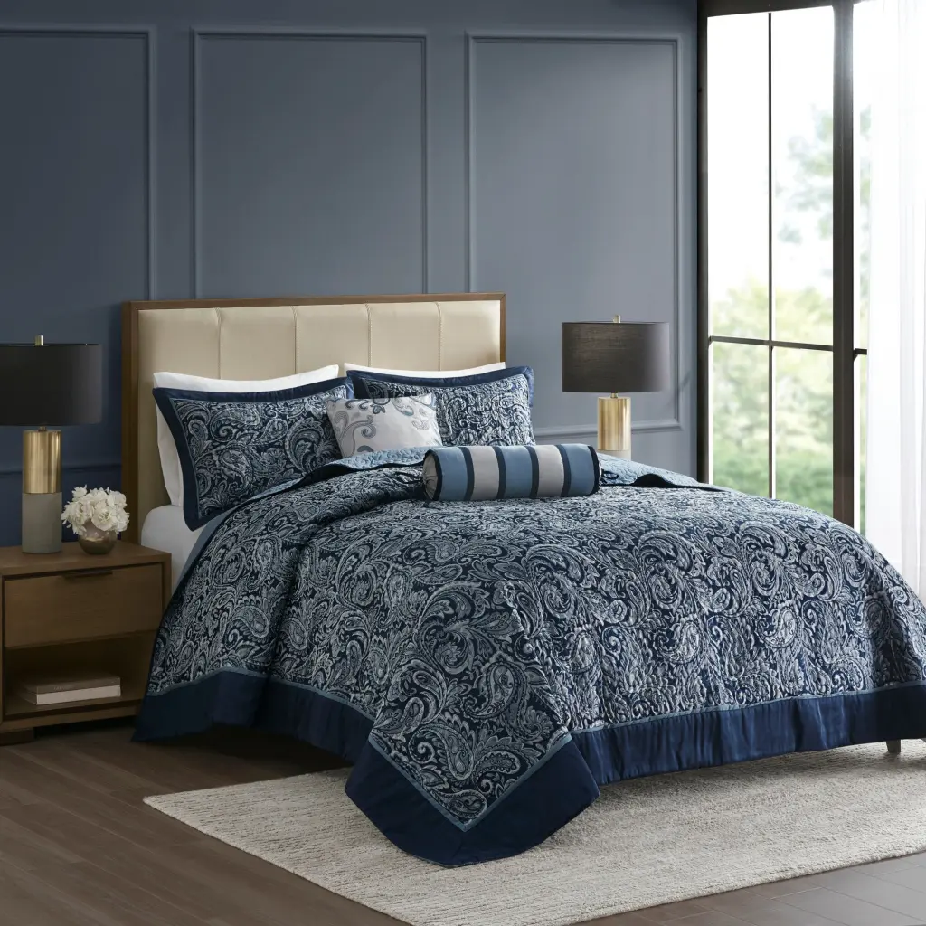 5 Piece Jacquard Bedspread Set Throw Pillows Navy King Queen Luxury Bedding jla