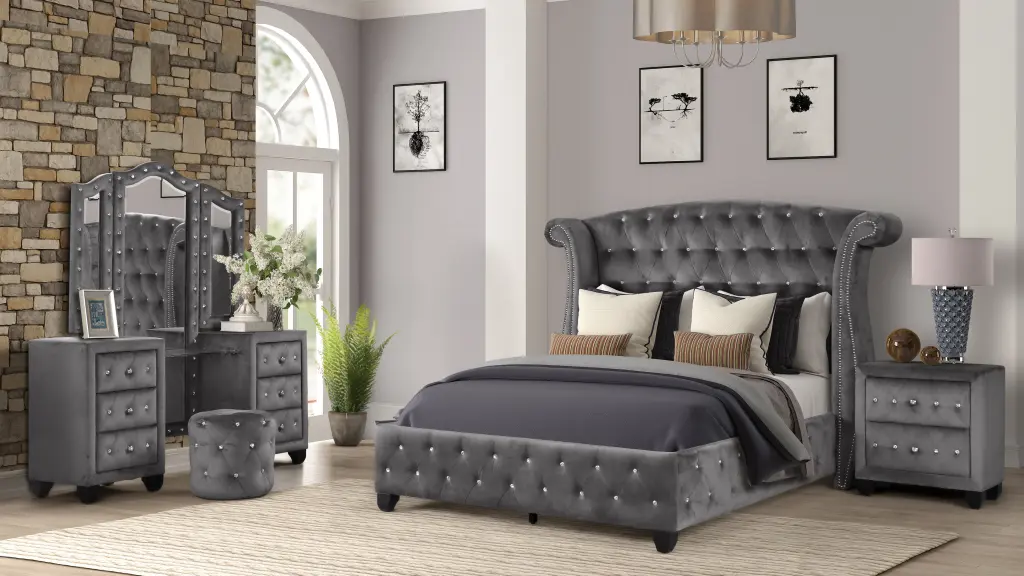 Modern Glass Tufted King Size Bed Frame 4 Piece Set Nightstands galaxy home furnishings