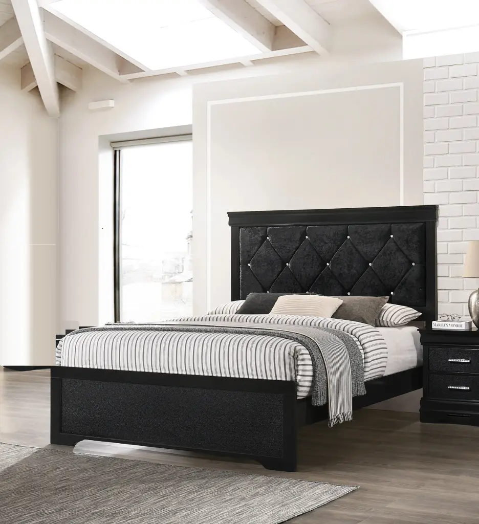 Modern 1Pc Black Finish King Dimensions Panel Bed Timberen Material Upholstered kanepe