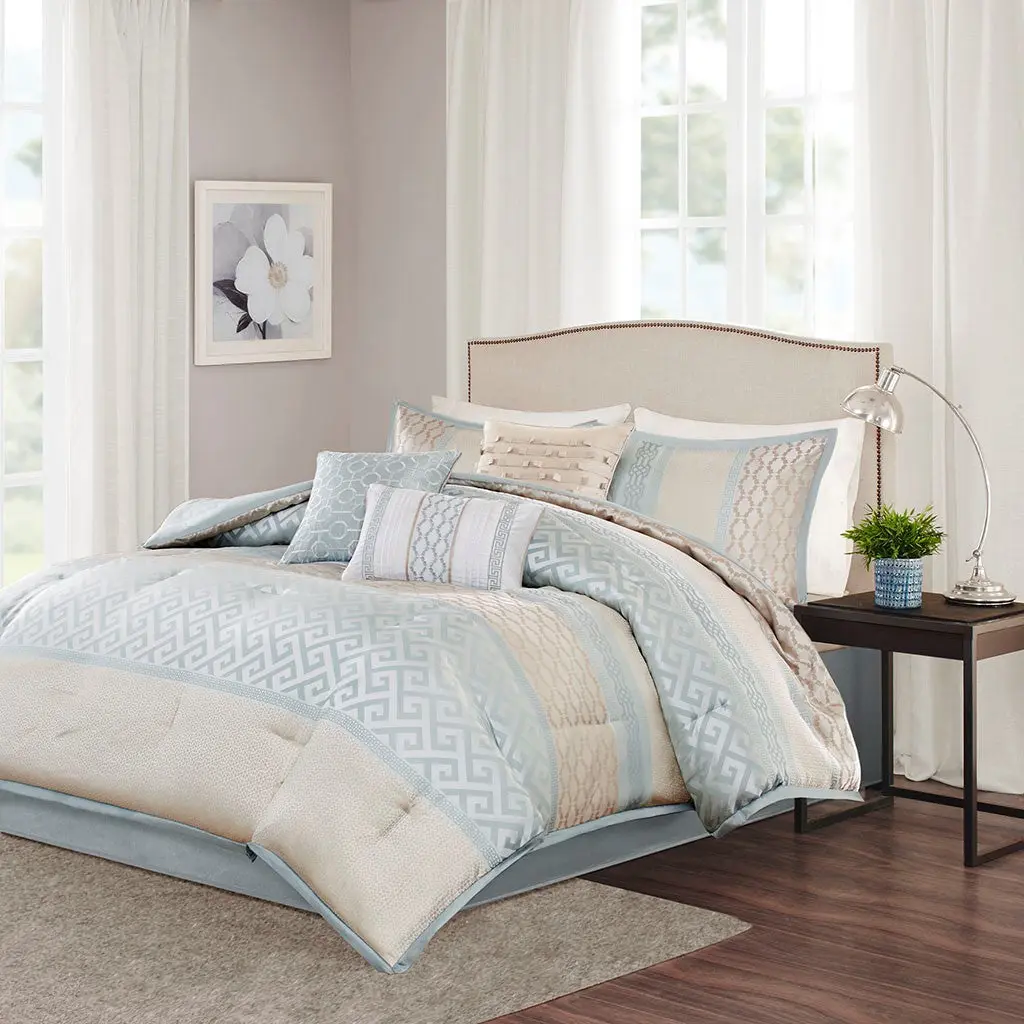 7 Piece Comforter Set Aqua King Size Polyester Bedding jla