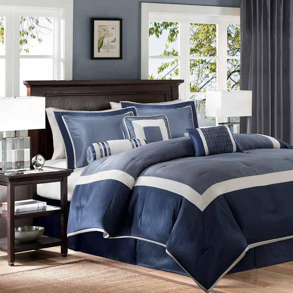 7 Piece Comforter Set Navy California King Size Polyester Bedding jla
