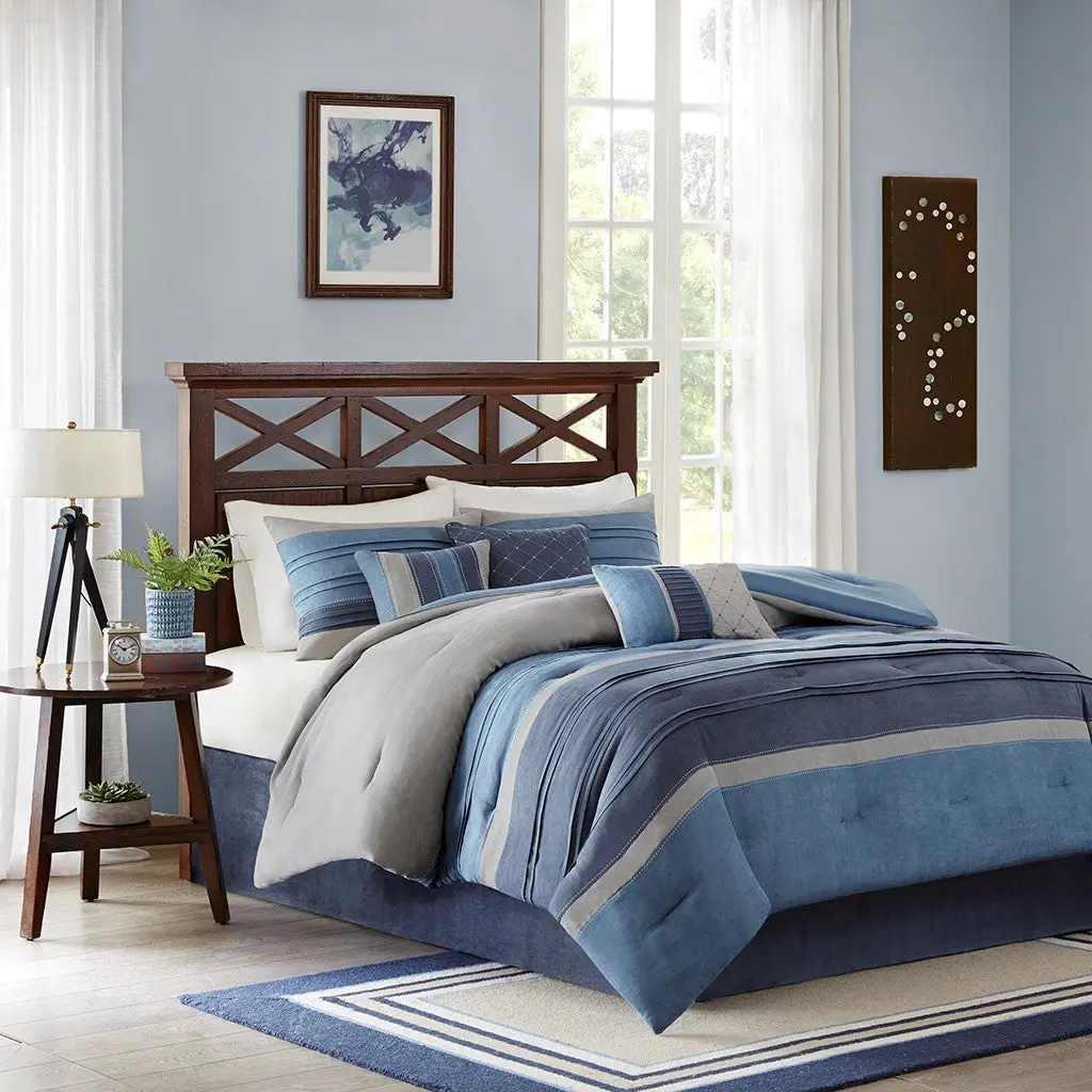 7 Piece Microsuede Comforter Set Navy California King Size Polyester jla