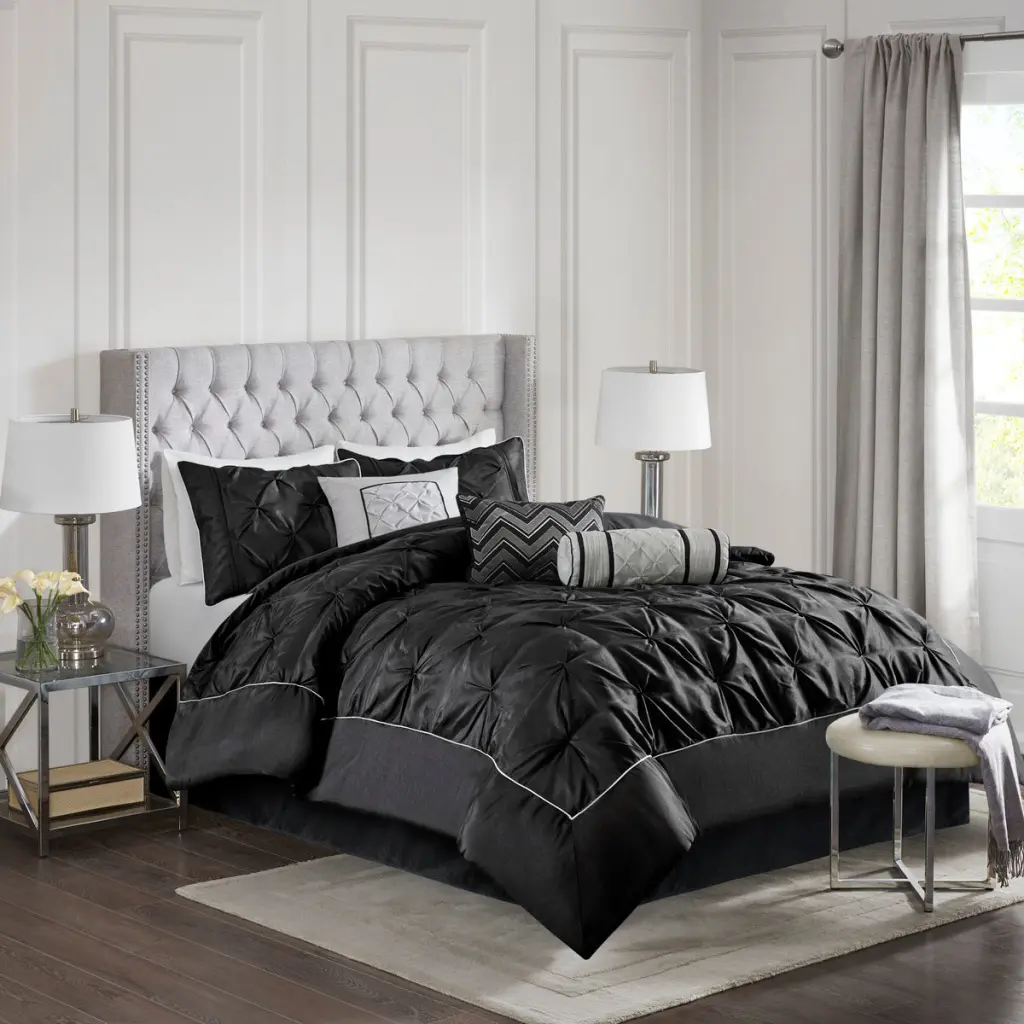 7 Piece Tufted Comforter Set Black King Size Polyester Bedding jla
