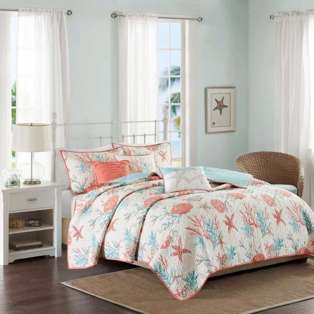 6 Piece Cotton Sateen Quilt Set Throw Pillows Coral King Size Bedding jla