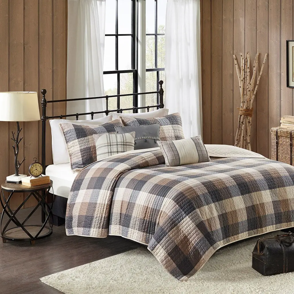 6 Piece Printed Herringbone Quilt Set Throw Pillows Neutral King Size Bedding jla