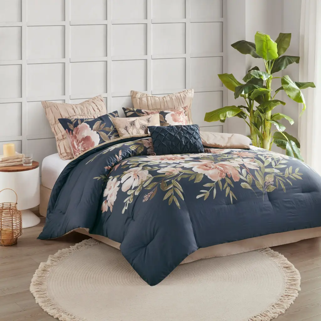 8 Piece Cotton Comforter Set Navy King Size Polyester Bedding Collection jla