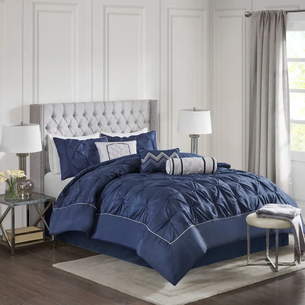 7 Piece Tufted Easeer Set Navy King Size Polyester Bedroom Furniture jla