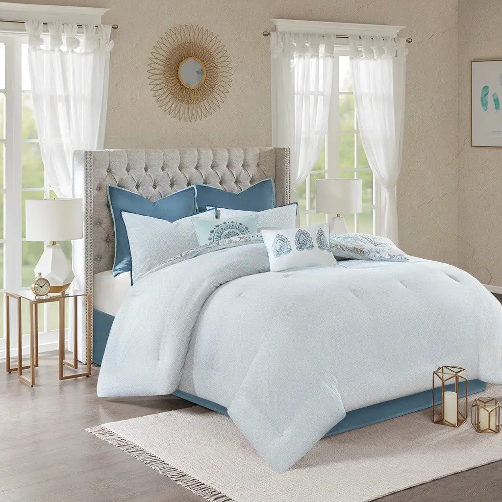 8 Piece Cotton Floral Printed Reversible Easeer Set Blue King Size jla