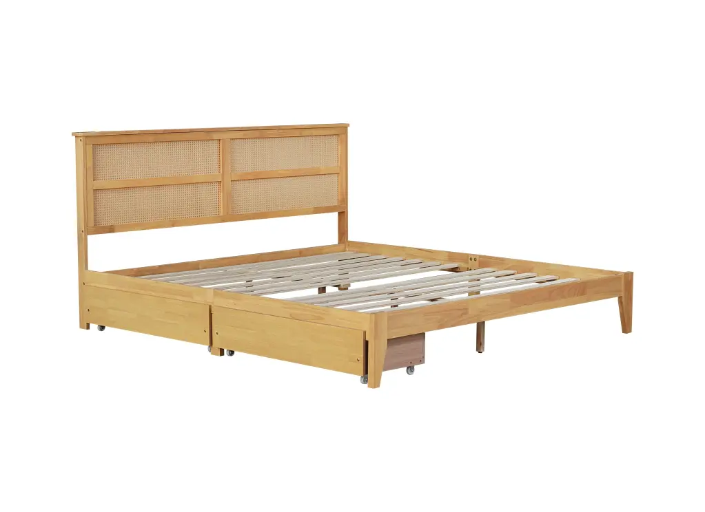 King Size Bed Rattan Headboard Two Storage Drawers Rubber Wood Frame inspirit