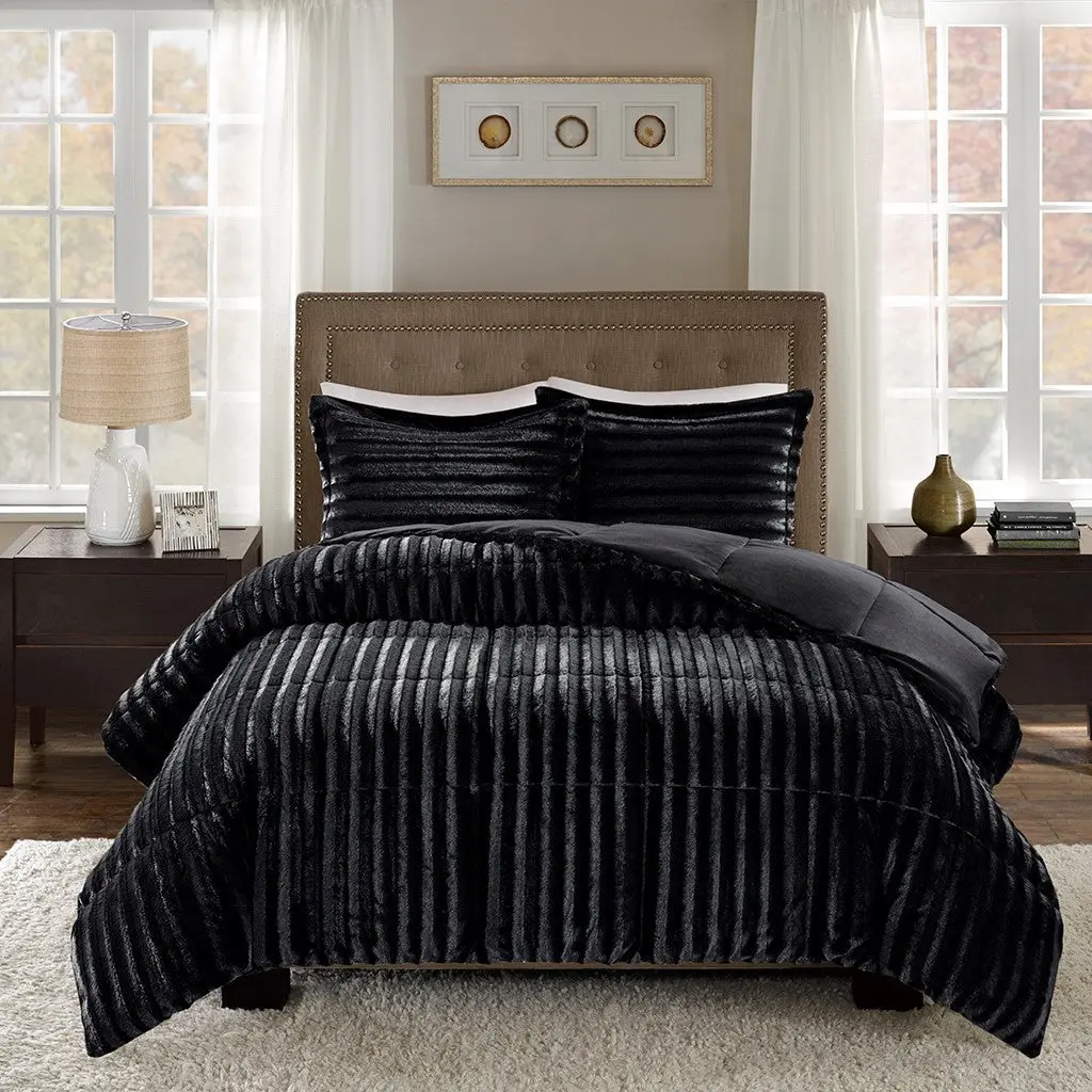 Faux Fur Comforter Mini Set King Size Black Polyester Bedding jla
