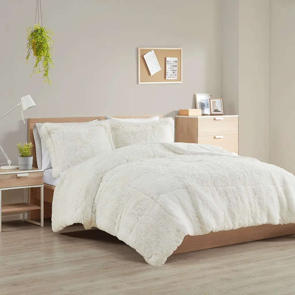 King Cal King Shaggy Long Fur Easeer Mini Set King Ivory Polyester Bedding jla