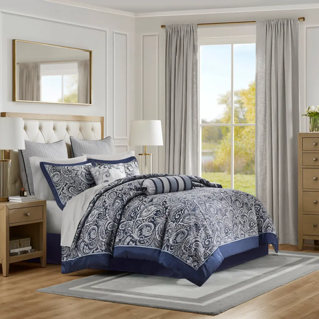 12 Piece Comforter Set Cotton Bed Sheets Navy King Size Polyester jla