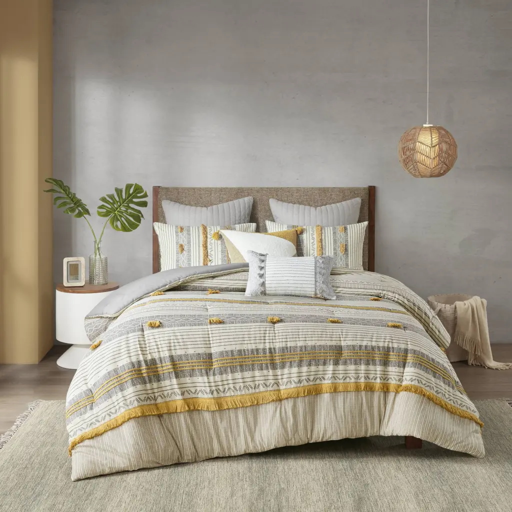 3 Piece Cotton Comforter Set Gray Yellow King - Cal King Bedding jla