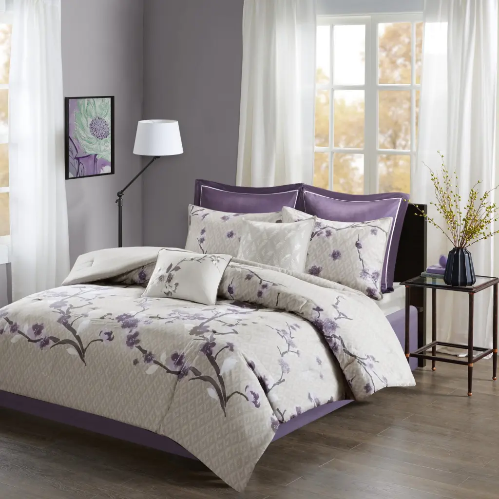 8 Piece Cotton Easeer Set Purple Taupe King Size Bedding Polyester Comforter jla