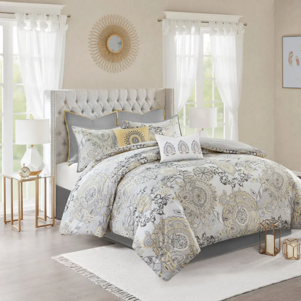 8 Piece Cotton Floral Printed Reversible Easeer Set Yellow King Size jla