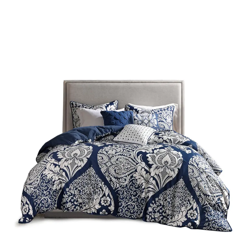 7 Piece Cotton Printed Comforter Set Indigo King Size Polyester Bedding jla