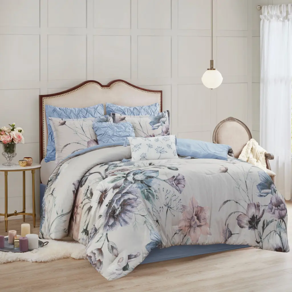 8 Piece Cotton Printed Easeer Set Blue King Size Polyester Bedding jla