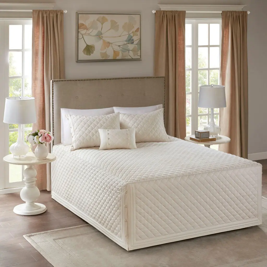 4 Piece Cotton Reversible Tailored Bedspread Set Khaki King Size Luxury Bedding jla