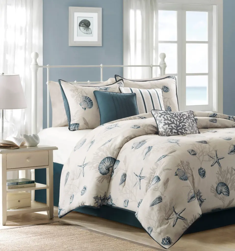 7 Piece Cotton Sateen Comforter Set Blue King - Luxury Bedding jla