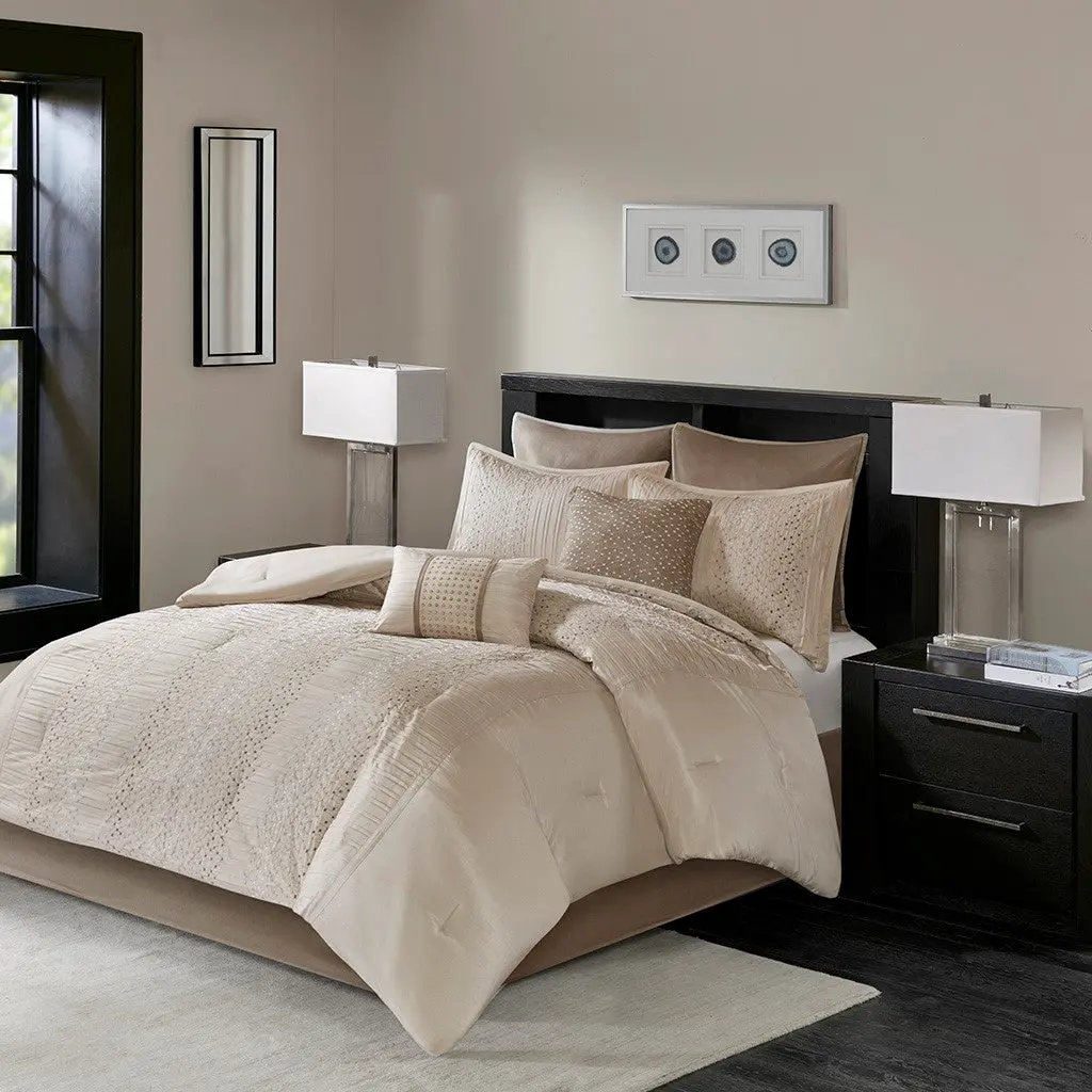 8 Piece Embroidered Comforter Set Natural King Size Beige Polyester Bedding jla