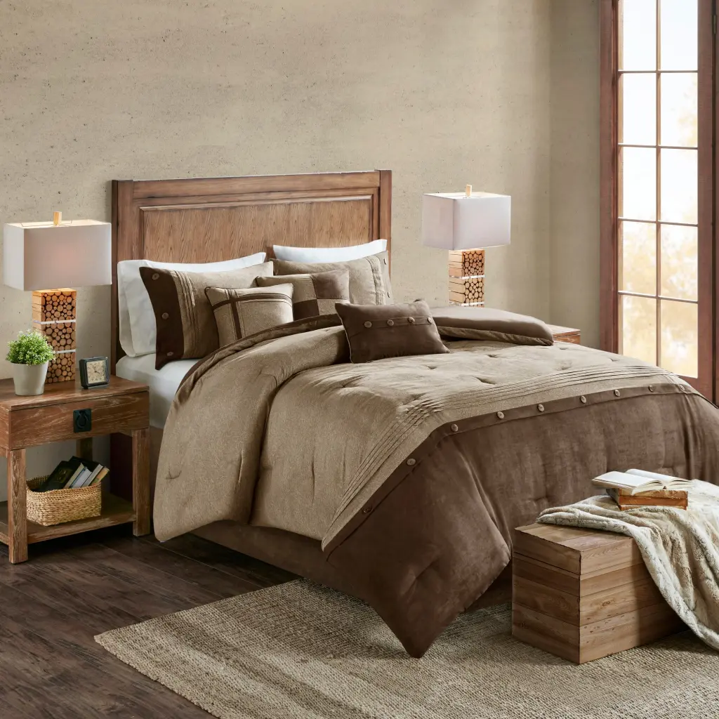 7 Piece Faux Suede Comforter Set Brown King Size Polyester Bedding jla