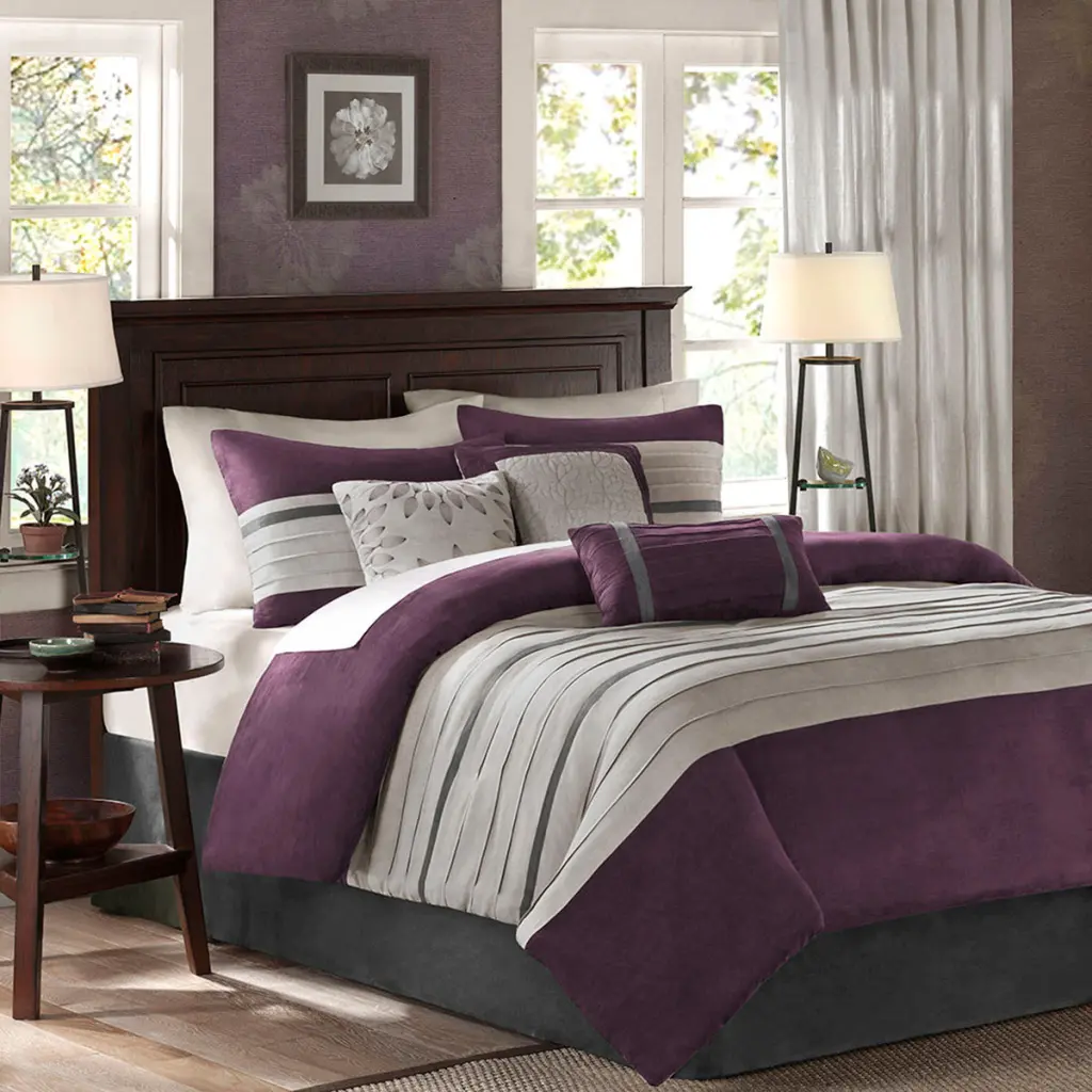 7 Piece Faux Suede Comforter Set King Size Purple Polyester Bedding jla