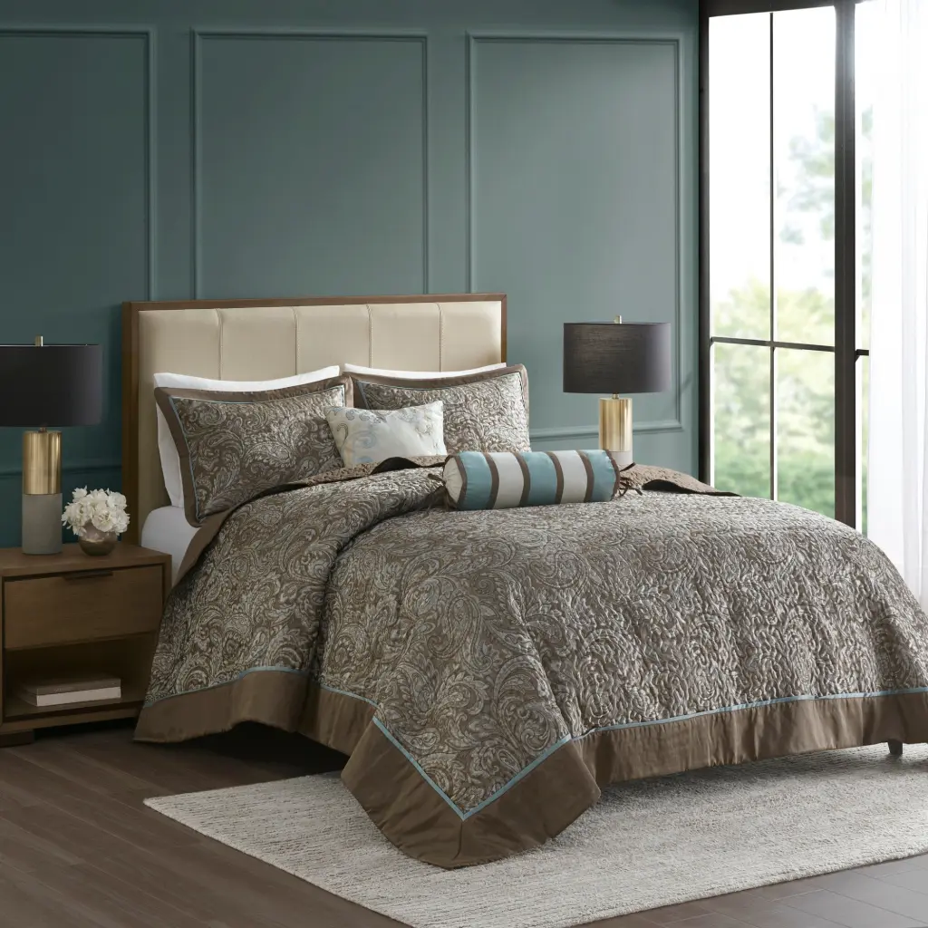 5 Piece Jacquard Bedspread Set Throw Pillows Blue Brown King Size Bedding jla