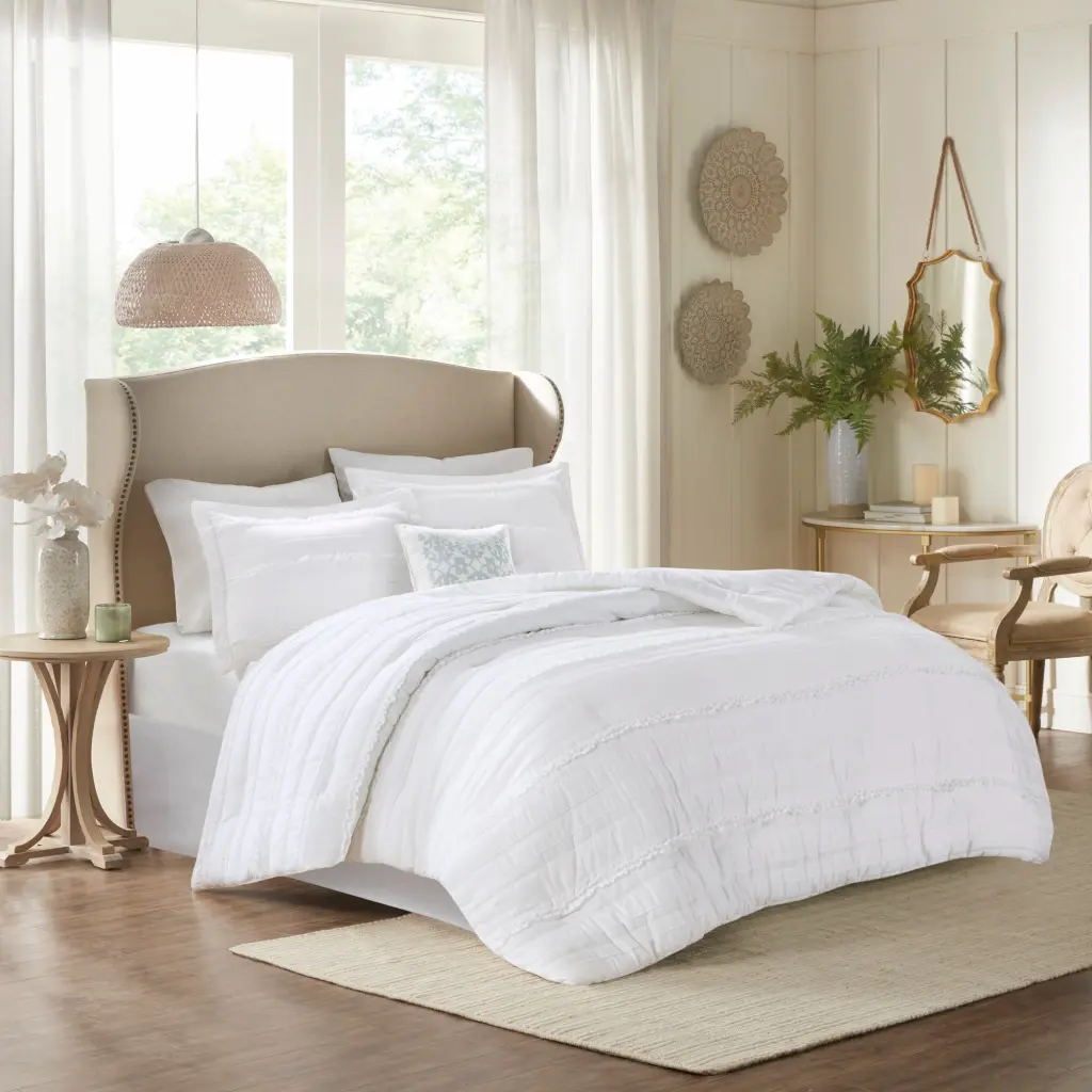 5 Piece Microfiber Ruffled Comforter Set King Size White Bedding jla