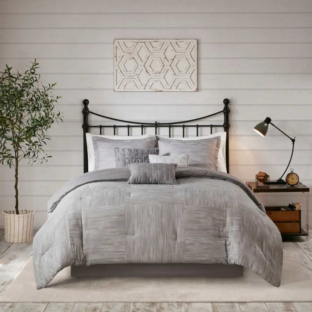 7 Piece Printed Seersucker Easeer Set Grey King Size Polyester Bedding jla