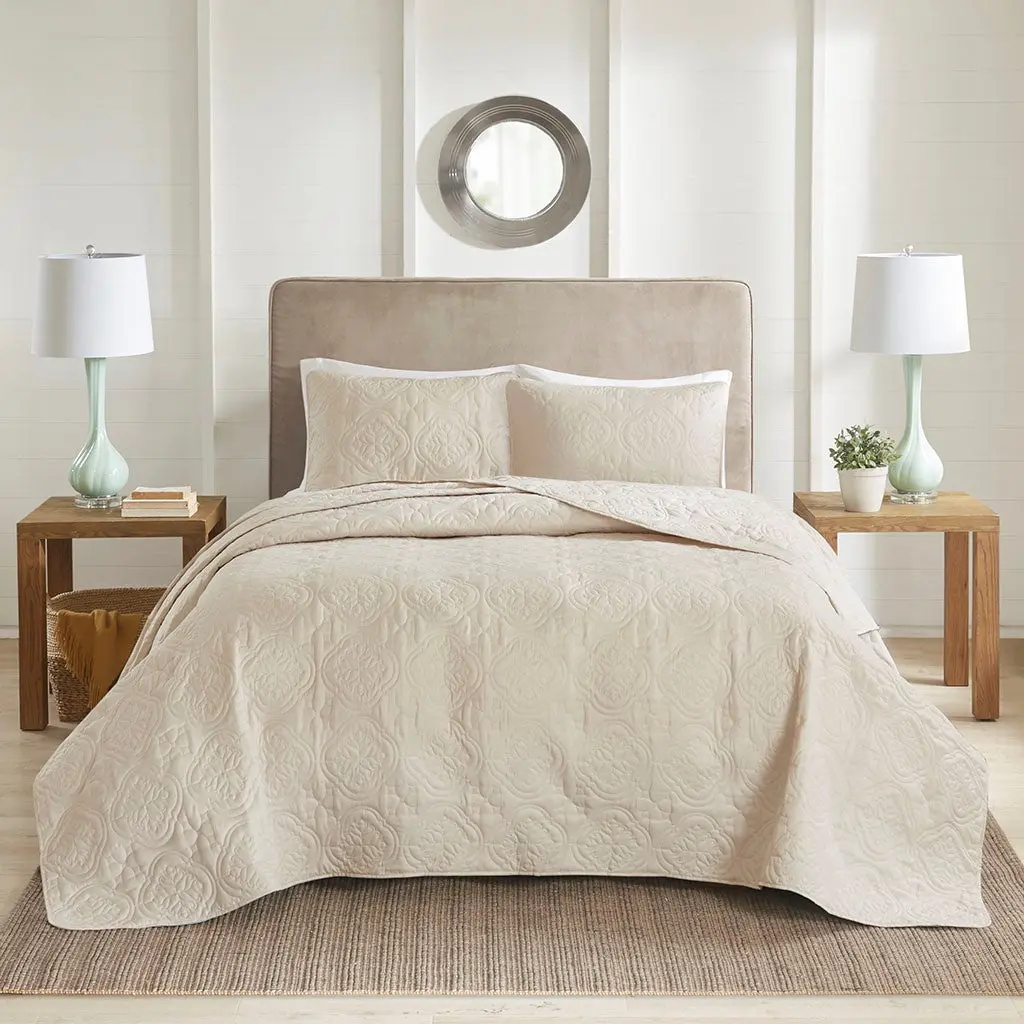 3 Piece Reversible Bedspread Set Cream King Cal King Microfiber Soft Comfortable Bedding jla