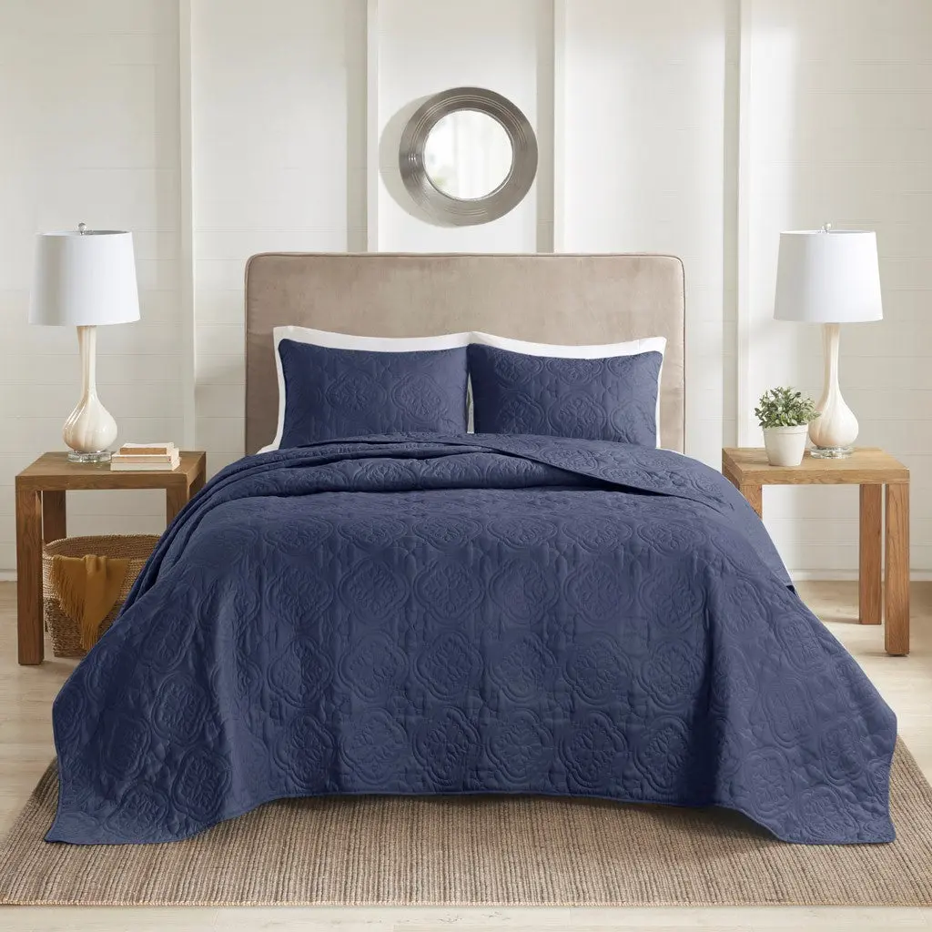 3 Piece Reversible Bedspread Set Navy King California King Polyester jla