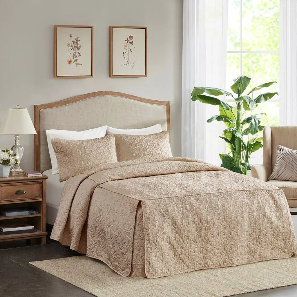 3 Piece Split Corner Pleated Quilted Bedspread Khaki King Size Polyester jla