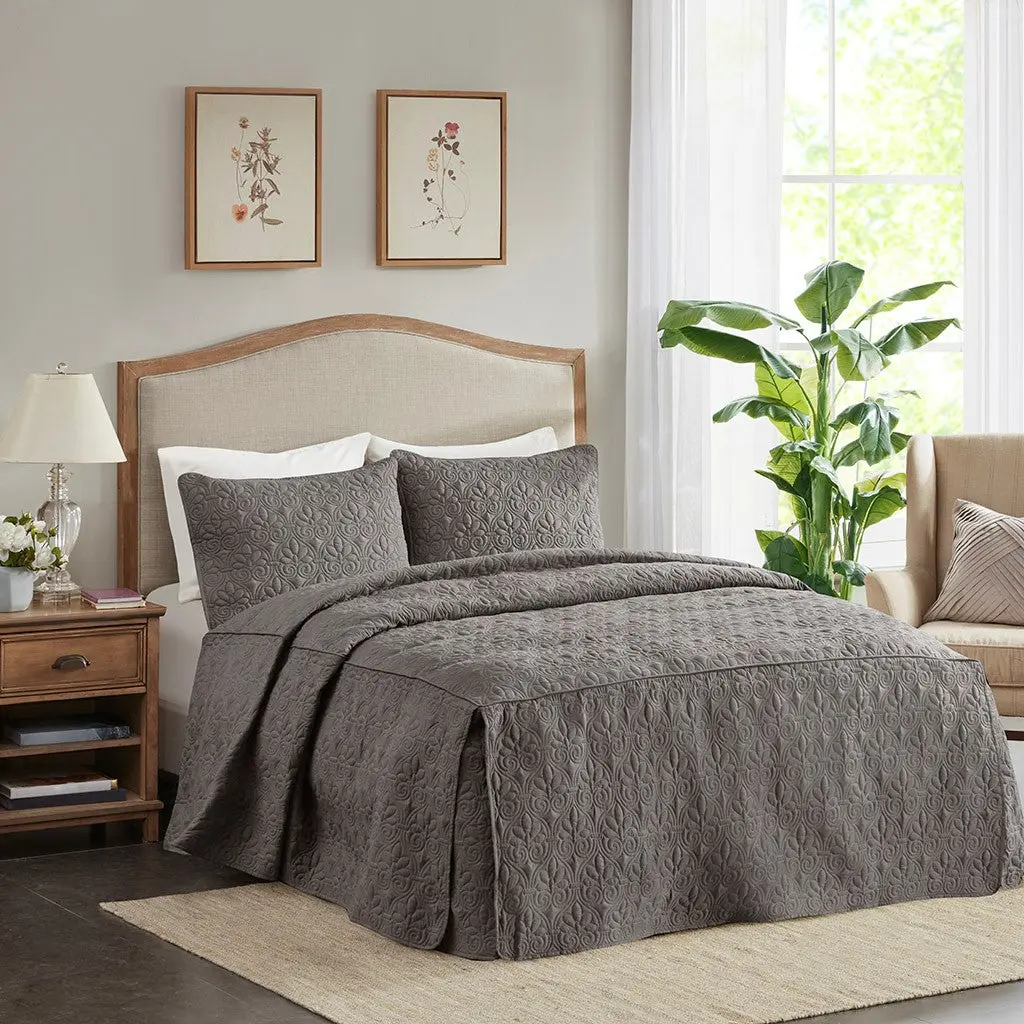 3 Piece Split Corner Pleated Quilted Bedspread Dark Grey King Size Luxury Bedding jla