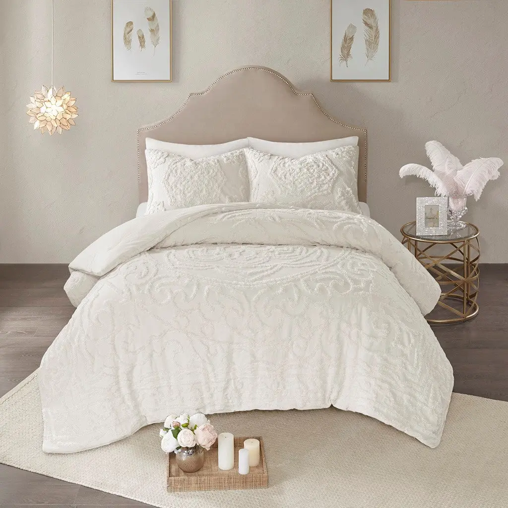 3 Piece Tufted Cotton Chenille Medallion Comforter Set Off White King Size jla