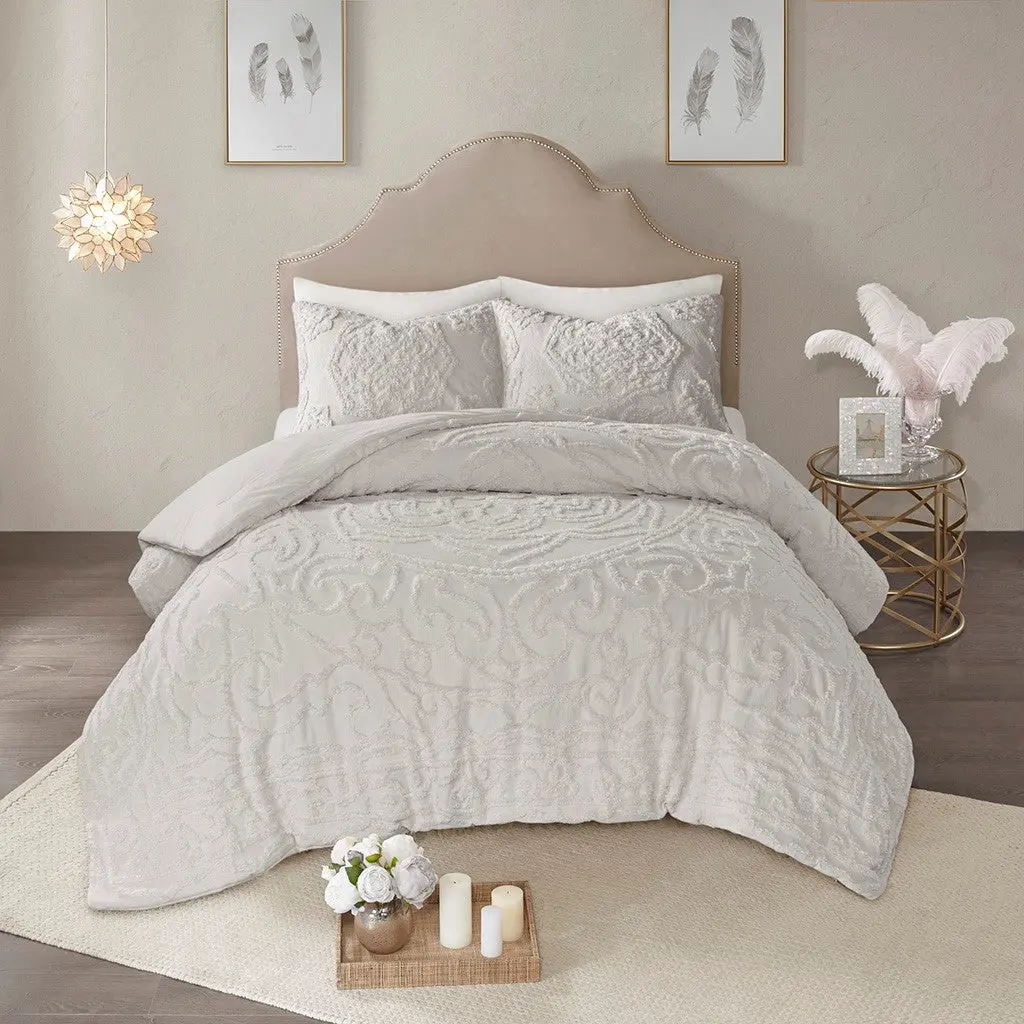 3 Piece Tufted Cotton Chenille Medallion Comforter Set Grey King Cal King jla