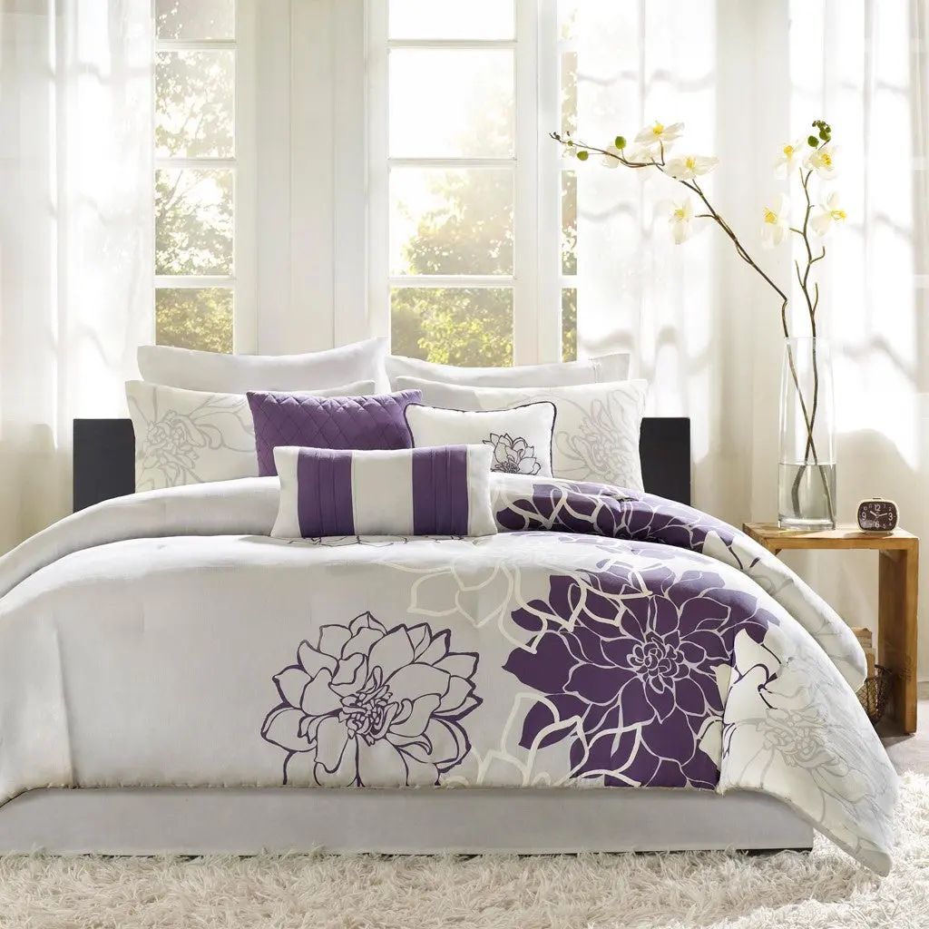 Printed Cotton Sateen Comforter Set Taupe Grey Purple King Size Bedding jla