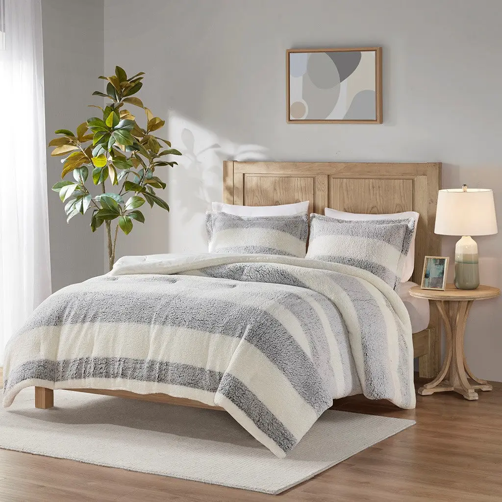 Sherpa Comforter Set King Size Grey Ivory Polyester Bedding jla