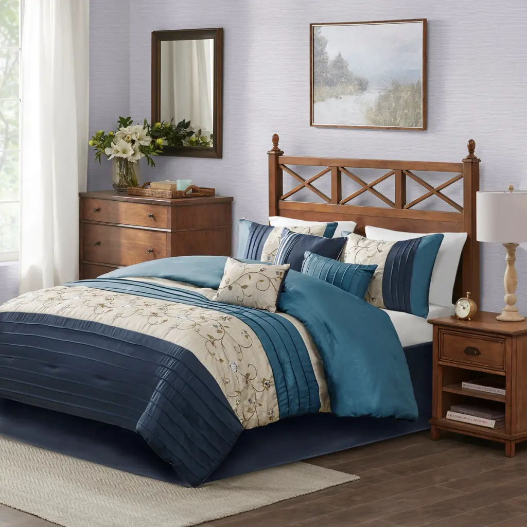 Embroidered 7 Piece Easeer Set Navy King Size Polyester Bedding Elegant Design jla
