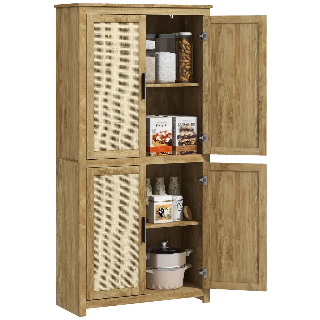 Homcom 64 Inch Rattan Kitchen Storage Cabinet Customizable Shelf Natural Finish aosom business