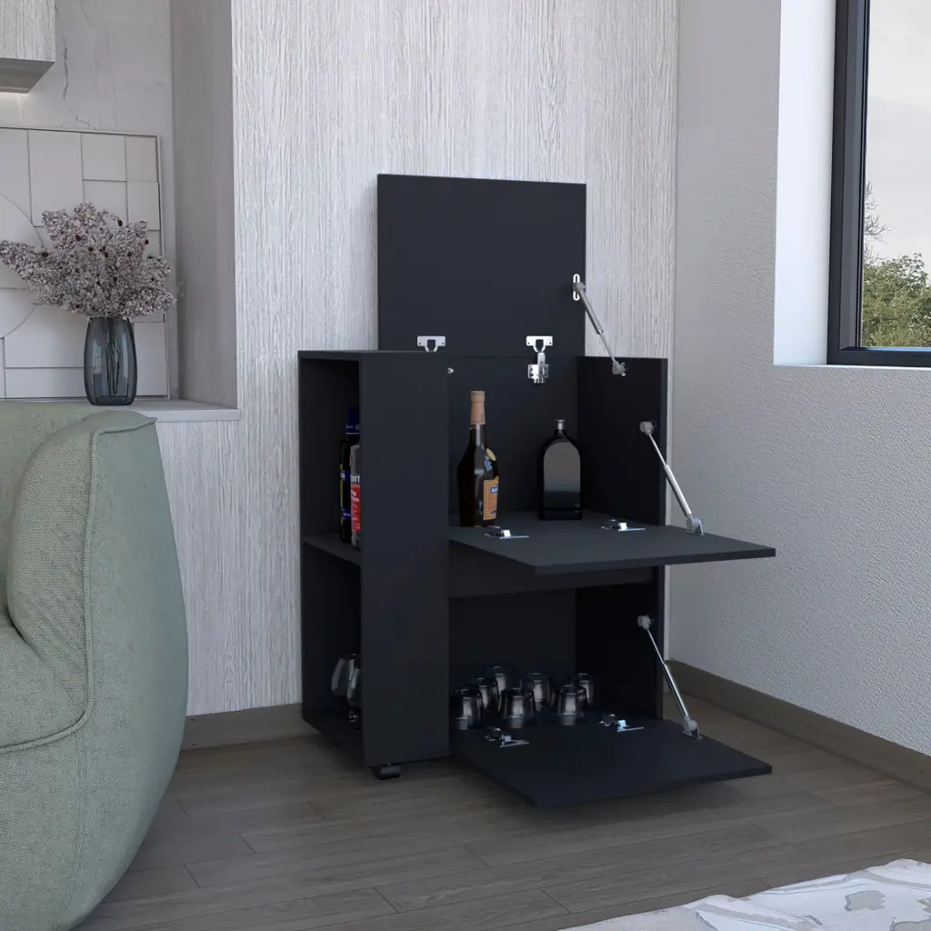 Tully Bar Two Pull Down Door Cabinets and Two Open Shelves Black Kitchen Storage depot e-shop