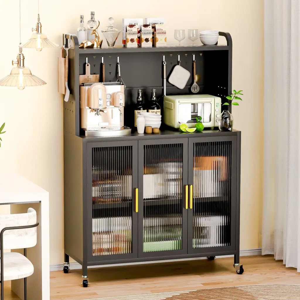 Carbon Alloy Metal Kitchen Storage Cabinet Microwave Stand Bakers Rack montary