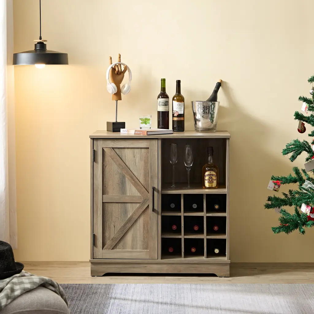 Farmhouse Coffee Bar Cabinet Wine Rack Barn Door Buffet Storage Kitchen Furniture rnb