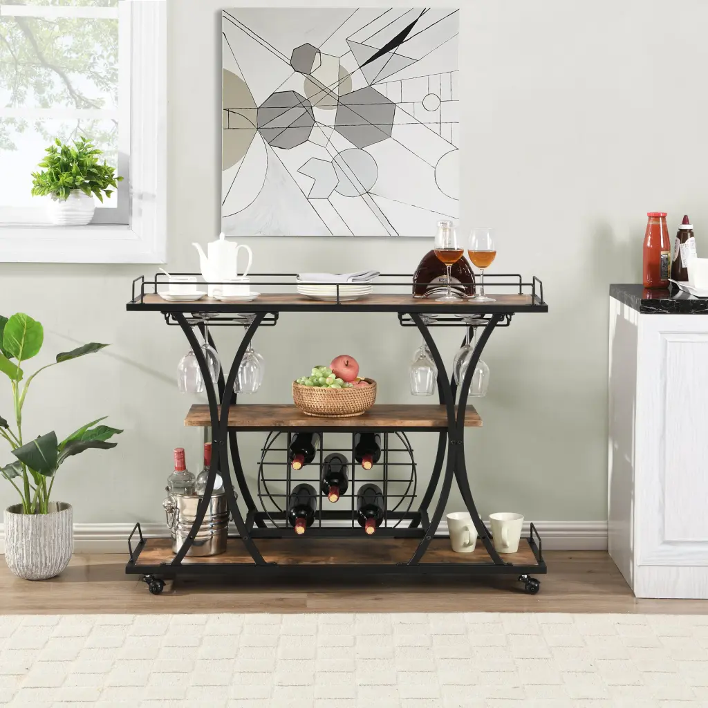Industrial Bar Cart Kitchen Serving Cart Wheels 3 Tier ghn