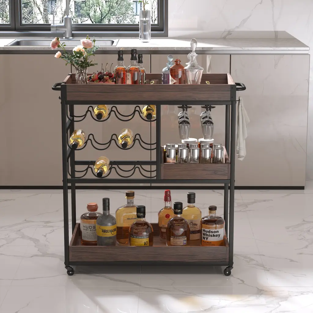 3 Tier Industrial Rolling Serving Shopping Basket Lockable Wheels Wine Rack Kitchen wonderland