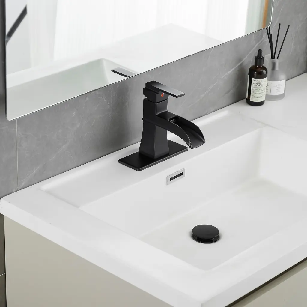 Sink Faucet Deck Plate Waterfall Black Pop Up Drain And Supply flg