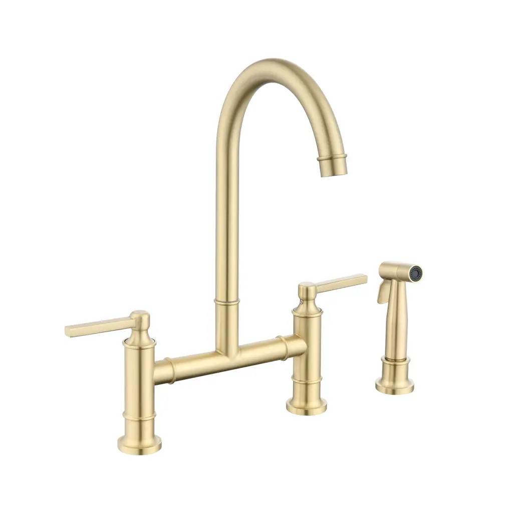 Double Handle Bridge Kitchen Faucet Side Spray Gold Stain Finish whale