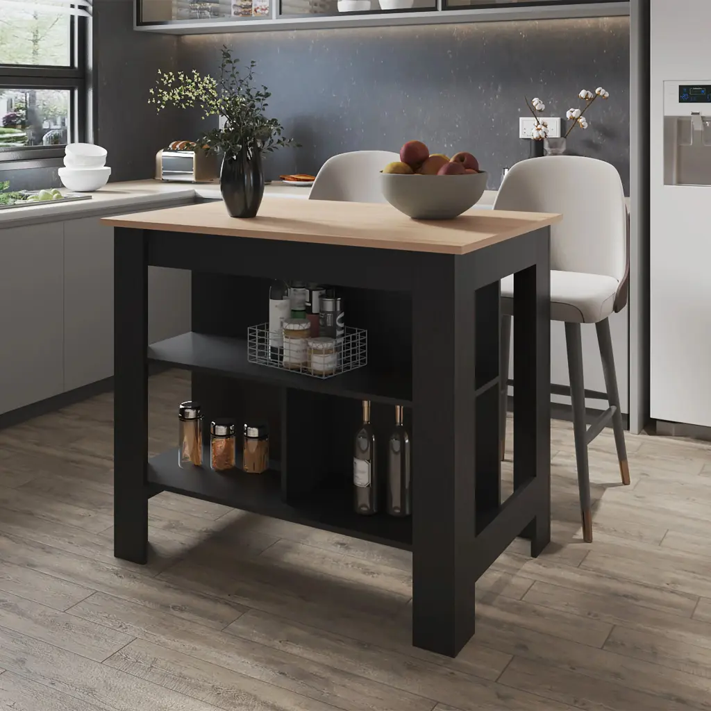 Light Pine And Black Kitchen Island Open Storage Beige Black Mela furniture max