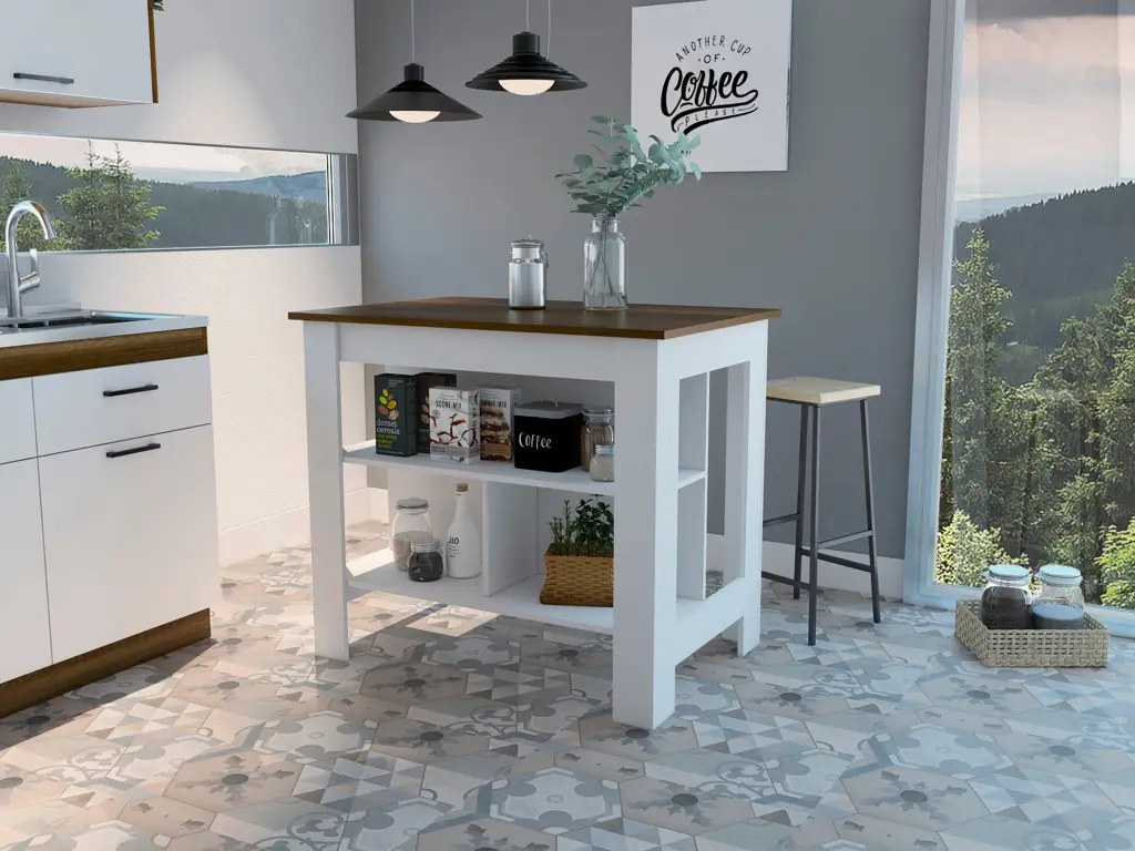 Rockaway 3 Shelf Kitchen Island White And Walnut White Particle Board Mobile Island furniture max