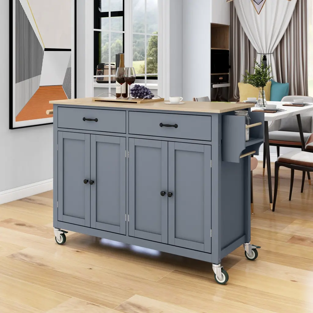 Kitchen Island Cart Solid Wood Top and Locking Wheels, 54.3 Inch Wide Mobile Island k-k store
