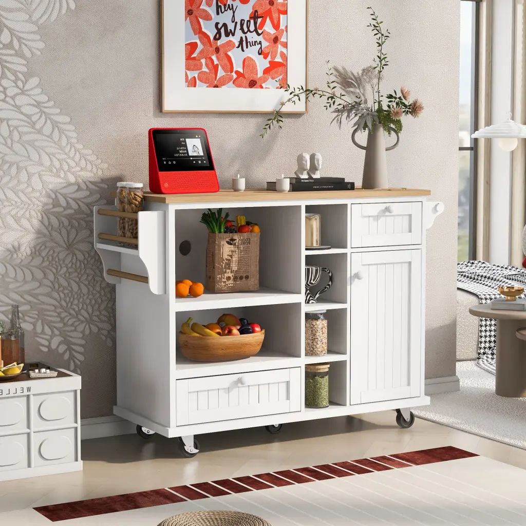 Kitchen Island Shopping Basket Storage Cabinet And Two Locking Wheels Solid Wood Cart k-k store